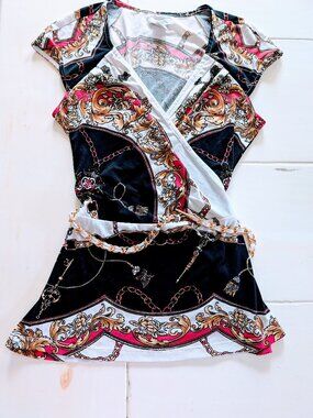 VTG Cache Y2K Criss Cross V-Neck Blouse Top Sz S Gold Chain Belt Stretch 90s